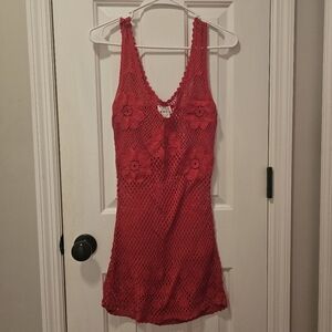 Free People Vibrant Red Crochet Floral dress or bathing suit coverup
